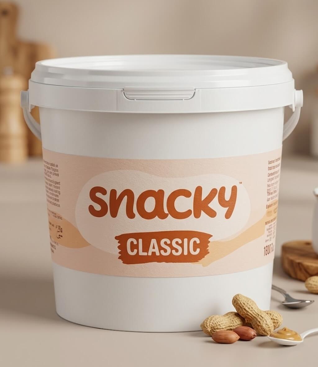 Snacky 5 კგ მიწისთხილის კარაქი Snacky 5 კგ მიწისთხილის კარაქი საბითუმო შეფუთვით ვედროში